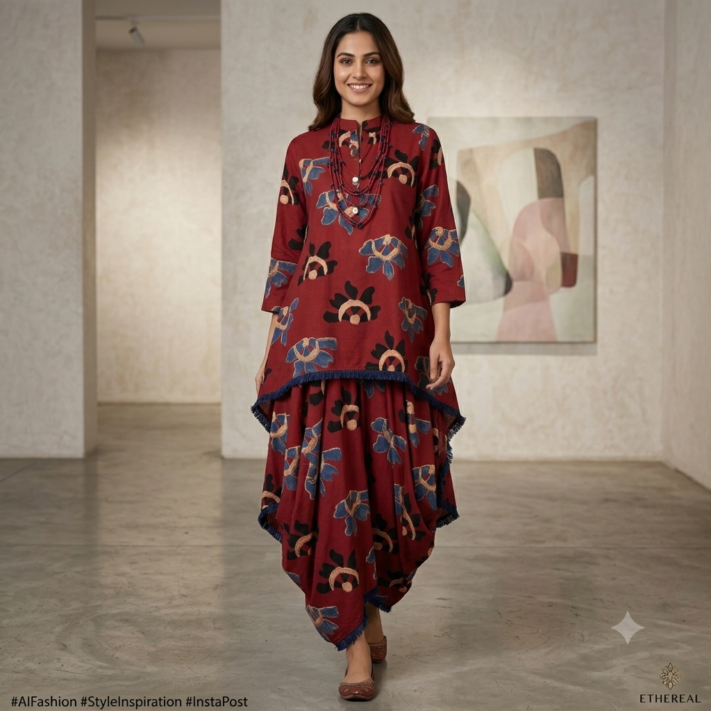 Red Modal Rayon Indo-Western One Piece Long Dress with Handmade Necklace