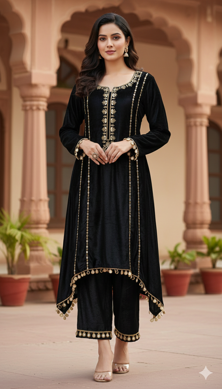 Velvet Coord Set with Mirror Hand Work