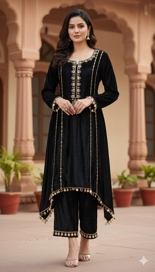 Velvet Coord Set with Mirror Hand Work