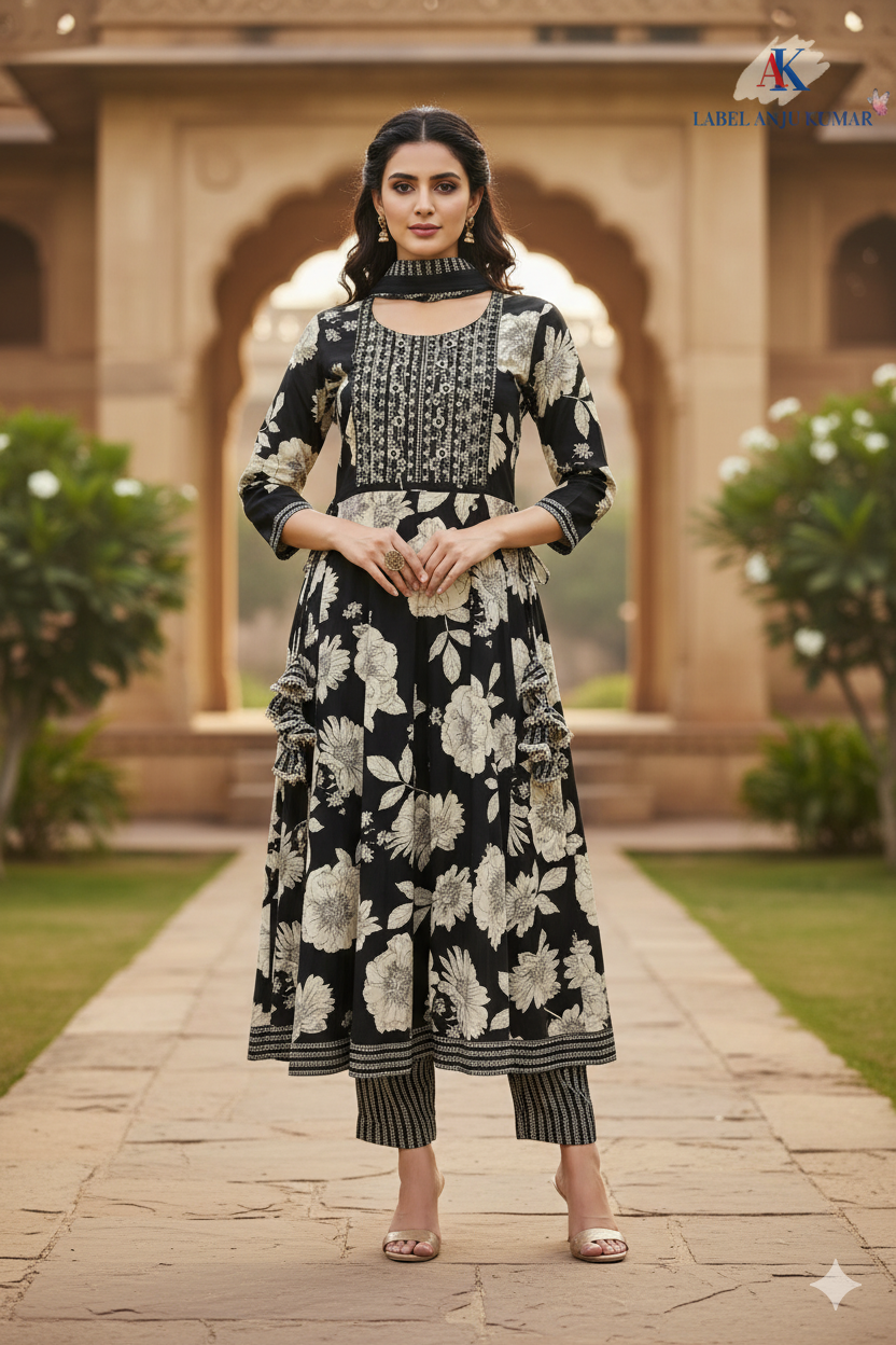 Black Cotton Embroidered Anarkali Suit Dupatta Set – Elegant Women’s Ethnic Wear