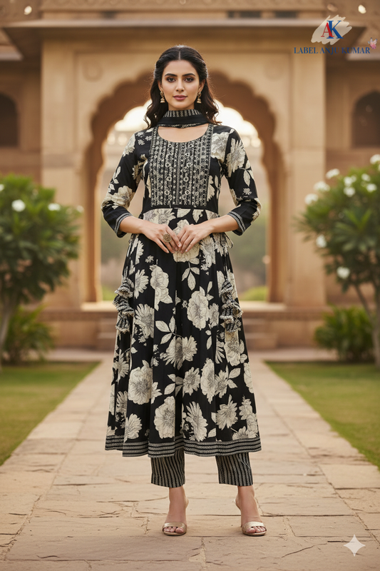 Black Cotton Embroidered Anarkali Suit Dupatta Set – Elegant Women’s Ethnic Wear