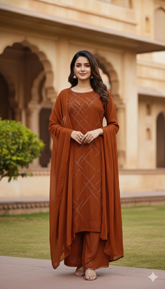 Copper Pure Chinon Silk Party Wear Suit with Katdana Handwork – Women’s Ethnic Wear