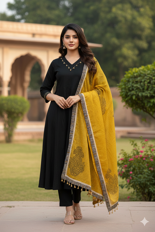 Black Cotton A-Line Short Kurta with Salwar & Hand-Block Printed Dupatta | Label Anju Kumar