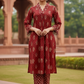 Rust Cotton Printed A-Line Suit Dupatta Set with V-Neckline & Lace Sleeve Detail | Label Anju Kumar