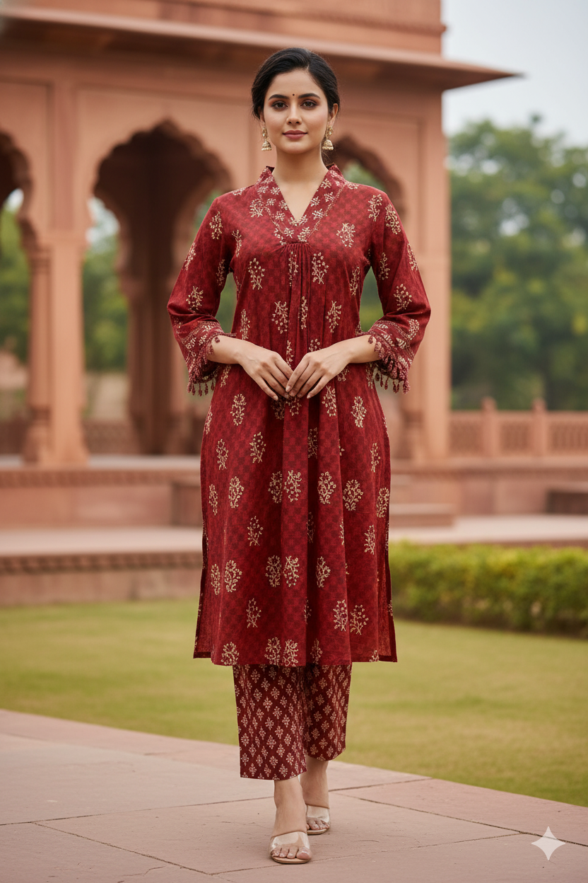 Rust Cotton Printed A-Line Suit Dupatta Set with V-Neckline & Lace Sleeve Detail | Label Anju Kumar