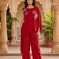 Red Chinon Coord Set with Hand Work & Straight Trousers | Label Anju Kumar