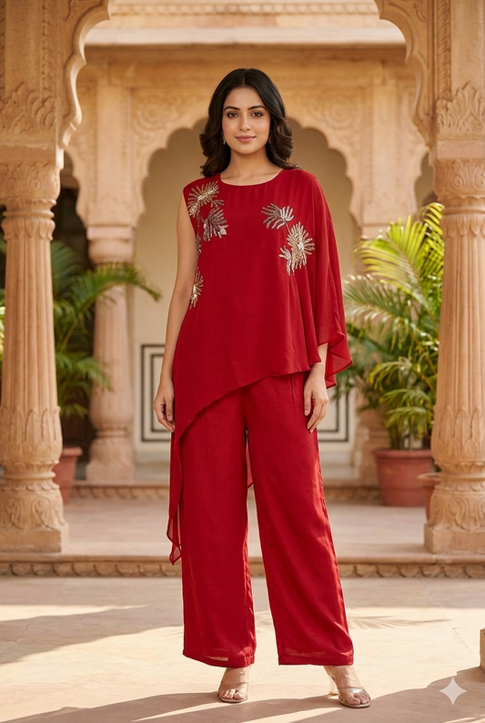 Red Chinon Coord Set with Hand Work & Straight Trousers | Label Anju Kumar