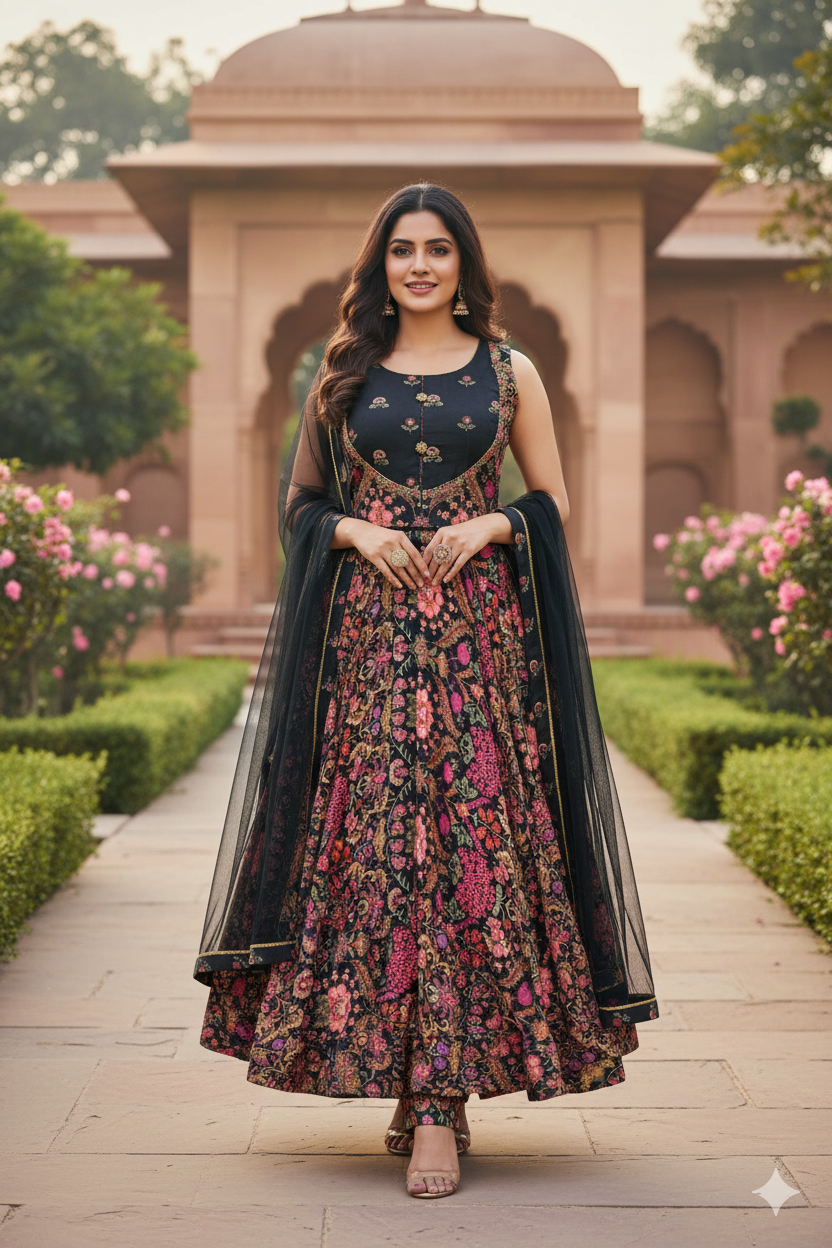 Black Muslin Hand-Embroidered Lehenga Choli Dupatta Set – Party Wear Women’s Ethnic Outfit