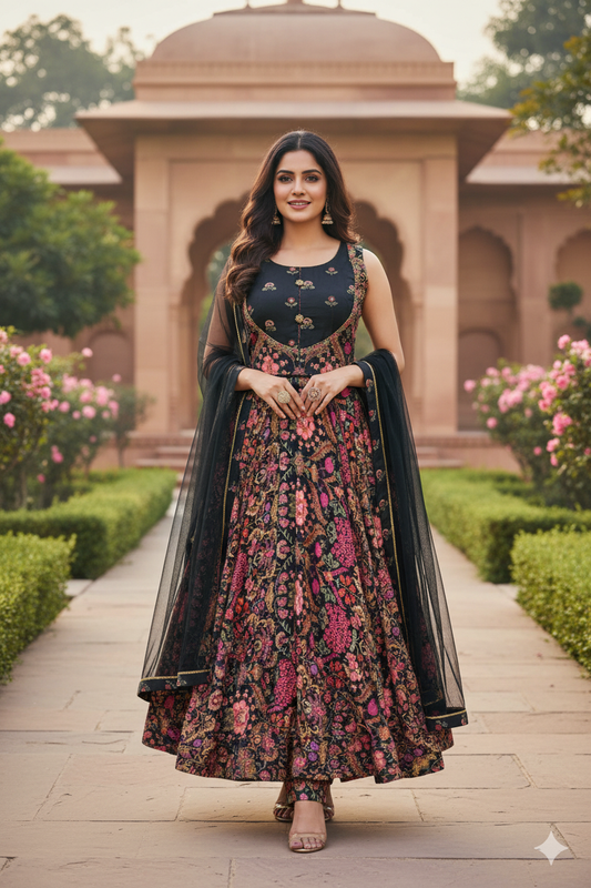 Black Muslin Hand-Embroidered Lehenga Choli Dupatta Set – Party Wear Women’s Ethnic Outfit