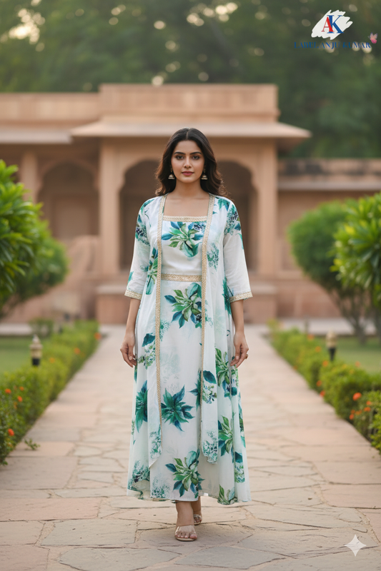 Off White–Green Floral Muslin Crop Top Sharara & Shrug Set – Semi Formal Women’s Ethnic Wear