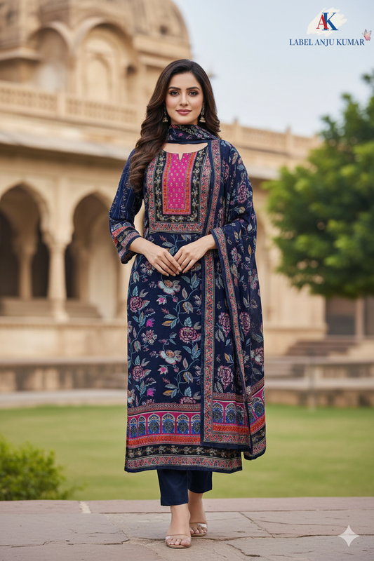 Navy Pure Muslin Printed Straight Suit Dupatta Set – Stylish Women’s Ethnic Wear