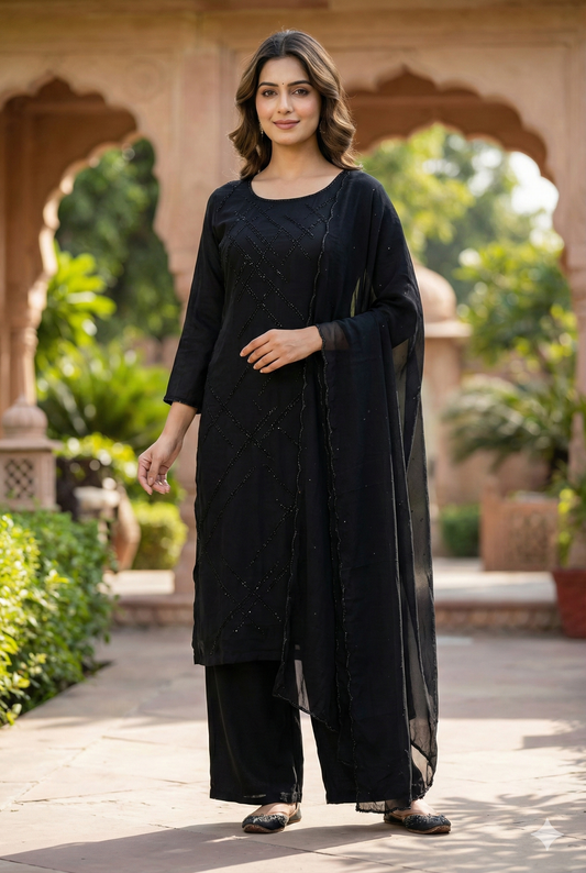 Black Pure Chinon Silk Party Wear Suit with Katdana Handwork – Women’s Ethnic Wear