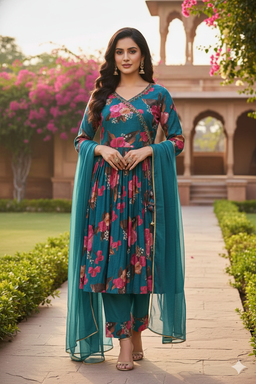Blue Muslin Angrakha Style Pathani Salwar Suit with Dupatta – Semi Formal Women’s Ethnic Wear