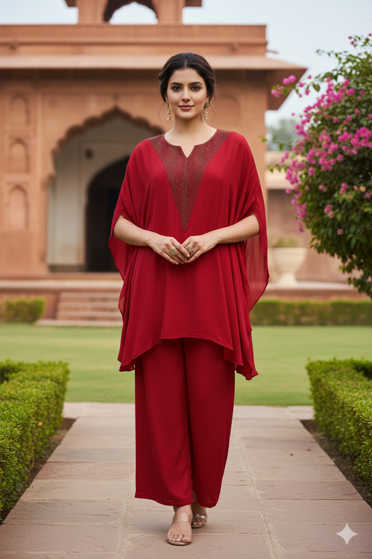 Majenta Chinon Kaftaan-Style Coord Set with Hand Embroidery & Straight Trousers | Label Anju Kumar