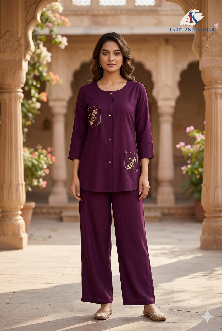 Wine Pure Muslin Coord Set with Hand Embroidery | Label Anju Kumar
