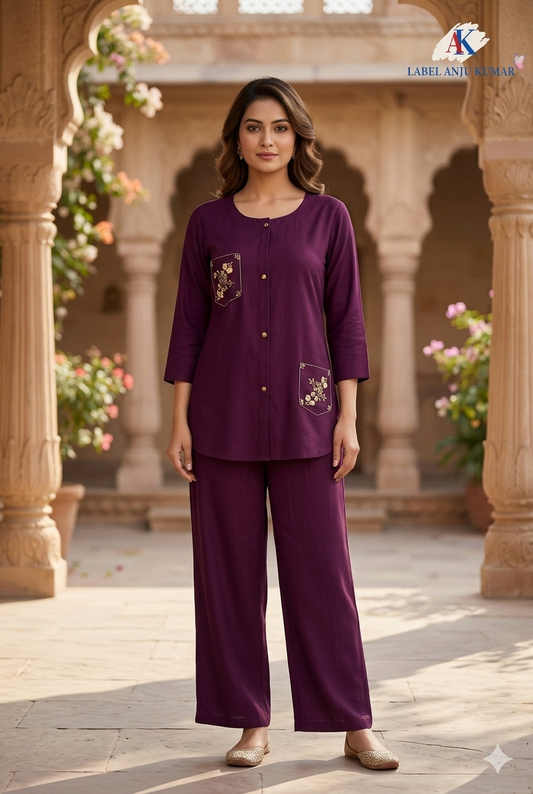Wine Pure Muslin Coord Set with Hand Embroidery | Label Anju Kumar