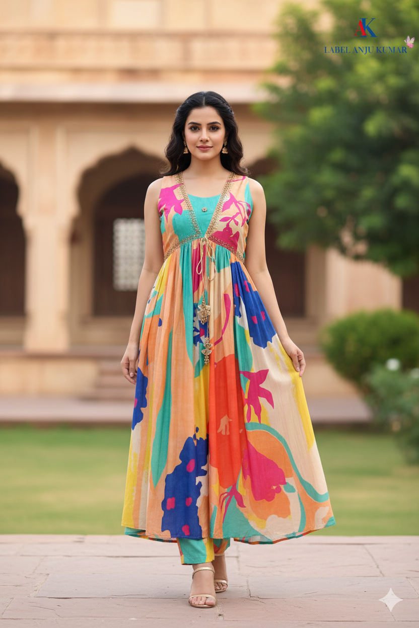 Ferozi Multi Print Muslin Alia Cut Suit Dupatta Set – Semi Formal Women’s Ethnic Wear