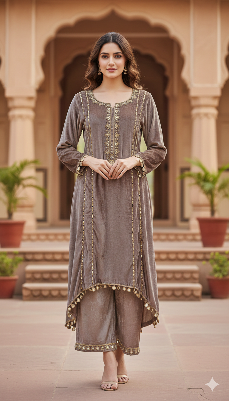 Velvet Coord Set with Mirror Hand Work