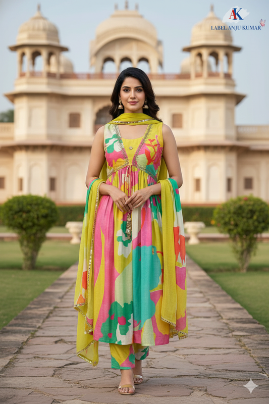 Yellow Multi Print Muslin Alia Cut Suit Dupatta Set – Elegant Semi Formal Ethnic Wear