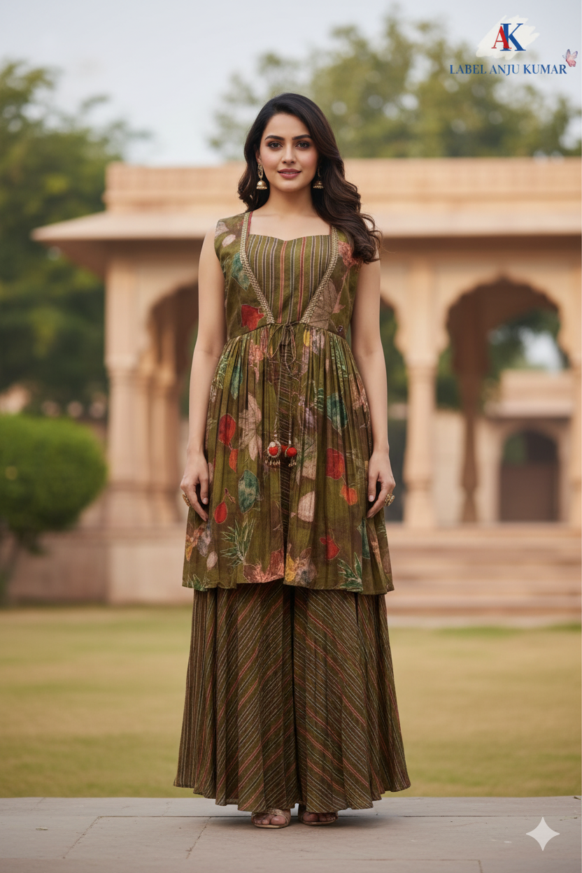 Green Muslin Crop Top Sharara & Shrug Set – Semi Formal Women’s Ethnic Wear