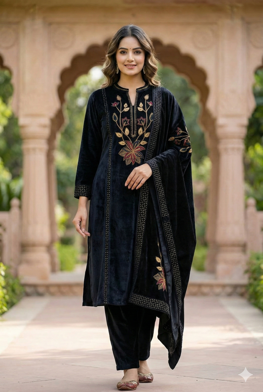 Black Velvet Suit with Trousers & Embroidered Dupatta – Women’s Party & Winter Ethnic Wear | Label Anju Kumar