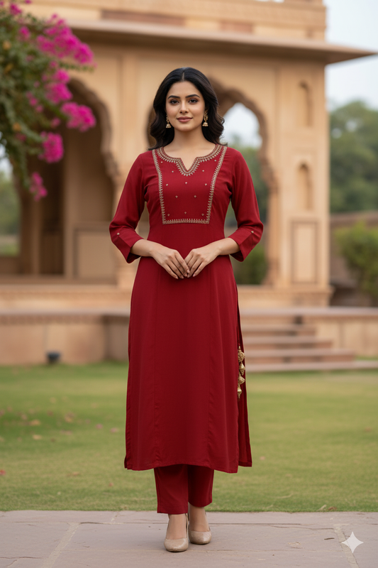 Red Muslin Hand-Embroidered Straight Suit Dupatta Set – Semi Formal Women’s Ethnic Wear
