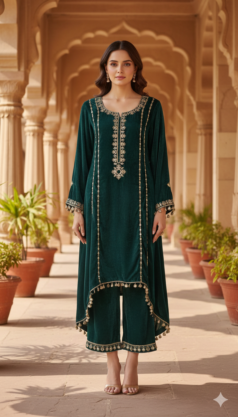 Velvet Coord Set with Mirror Hand Work