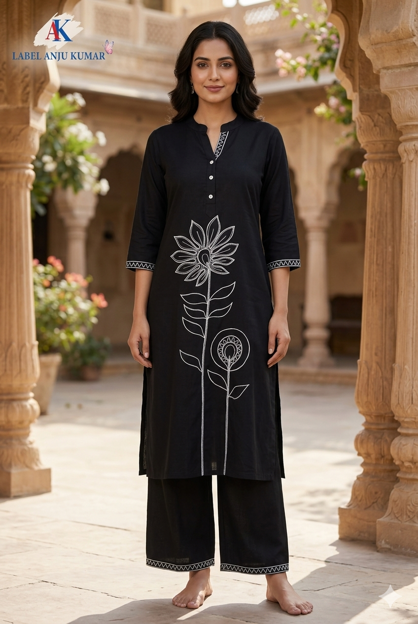 Black Khadi Cotton Coord Set with Thread Embroidery on Front & Straight Trousers | Label Anju Kumar