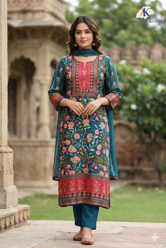 Green Pure Muslin Printed Straight Suit Dupatta Set – Elegant Women’s Ethnic Wear