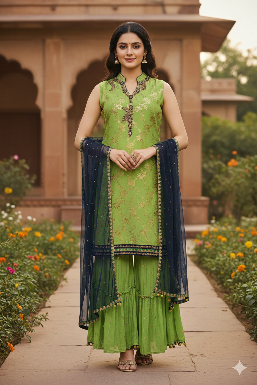 Green Banarasi Jacquard Hand-Embroidered Sharara Set – Party Wear Women’s Ethnic Wear