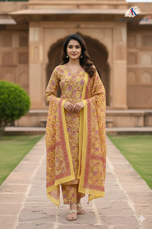 Lemon Cotton Straight Suit & Dupatta Set with V-Neckline | Label Anju Kumar