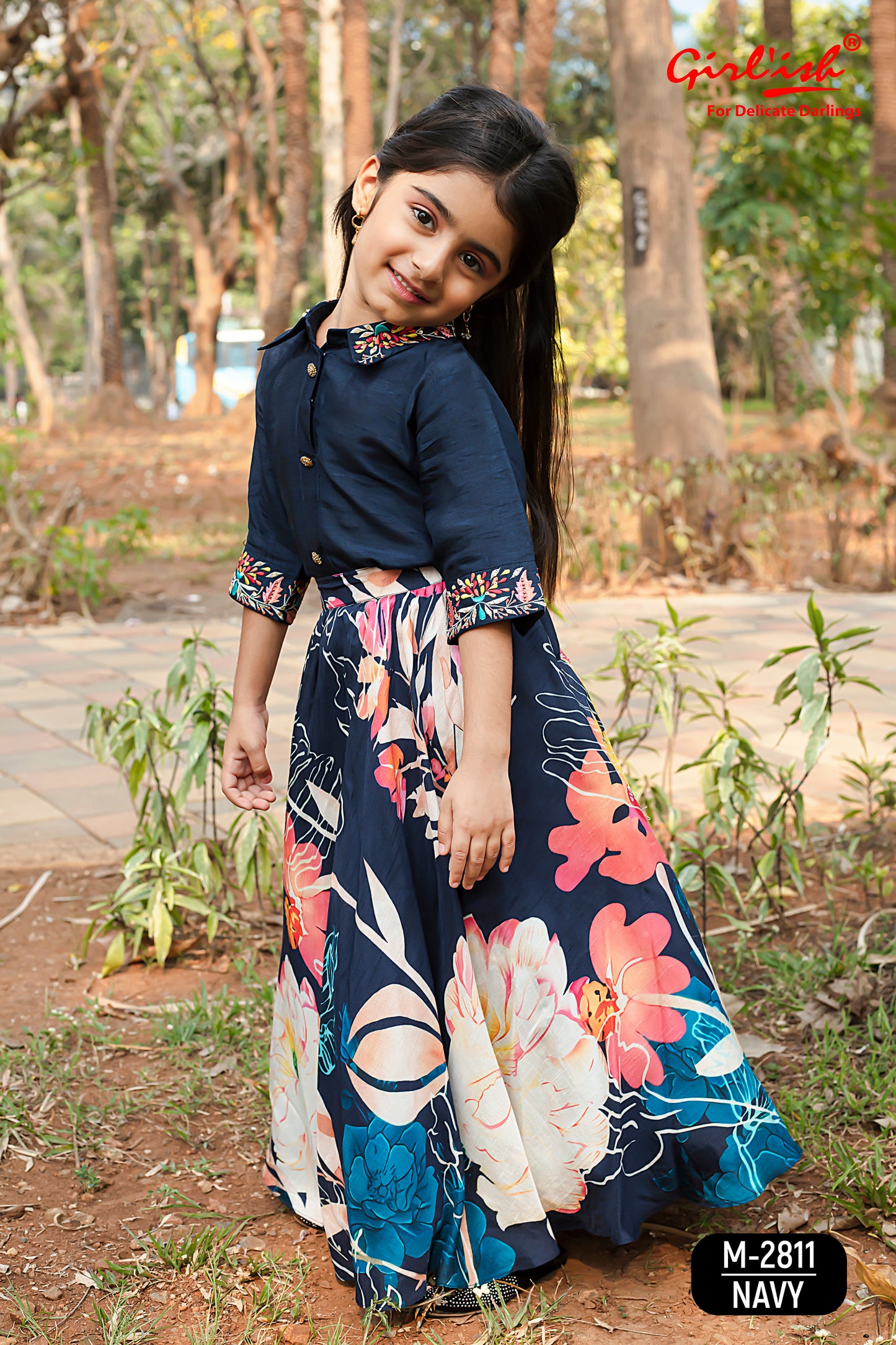 Navy Blue Kids Lehenga Choli – Shirt Style Silk Choli with Thread Work & Printed Lehenga | Net Dupatta | Ages 3m–18y