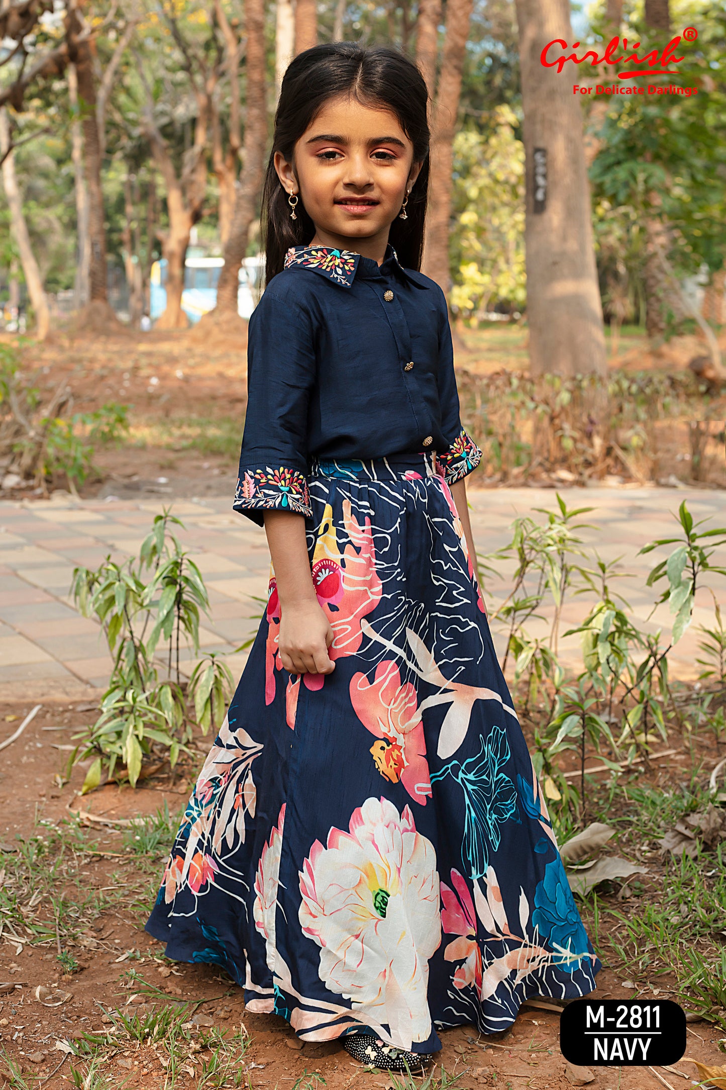 Navy Blue Kids Lehenga Choli – Shirt Style Silk Choli with Thread Work & Printed Lehenga | Net Dupatta | Ages 3m–18y