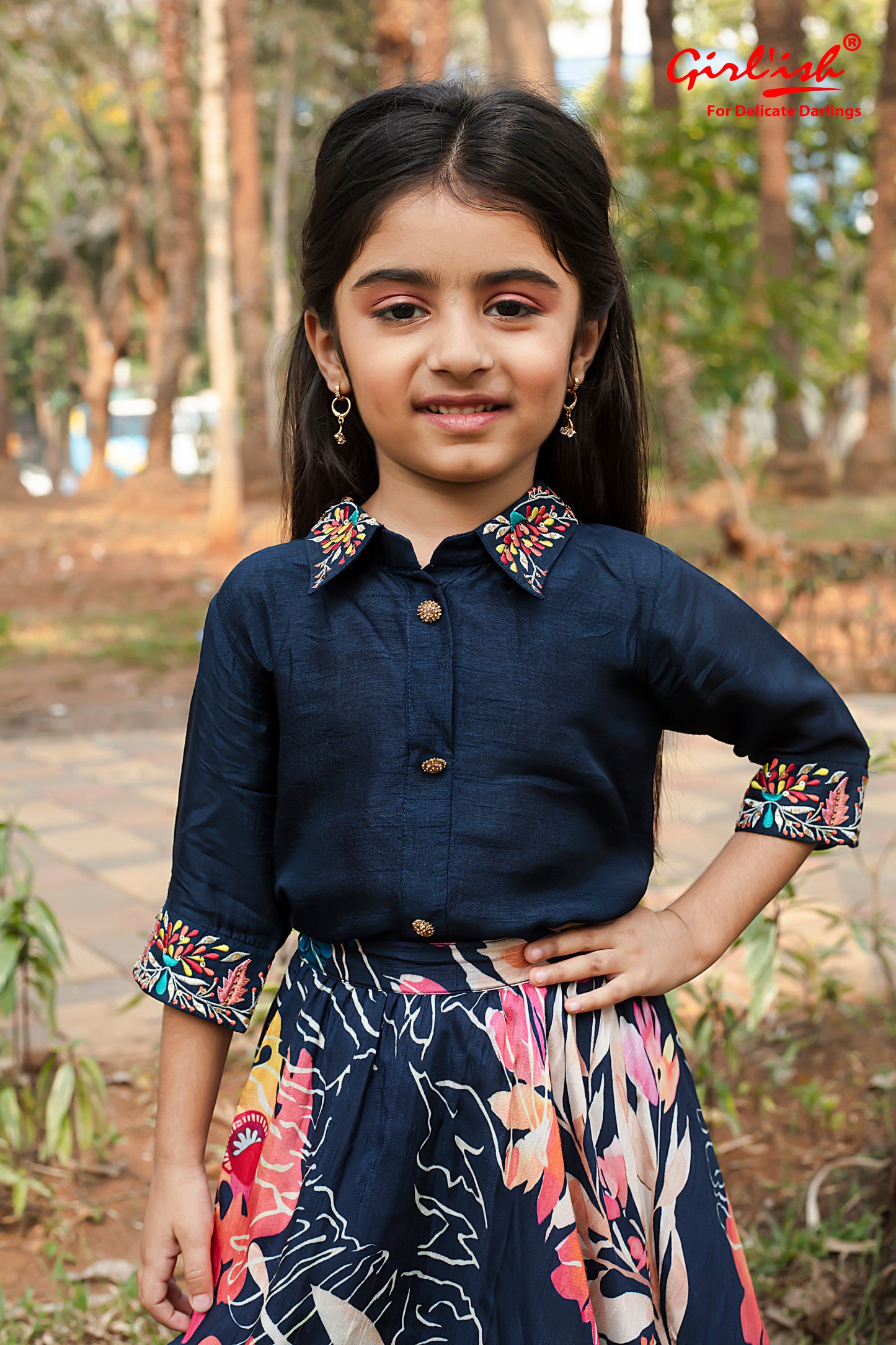 Navy Blue Kids Lehenga Choli – Shirt Style Silk Choli with Thread Work & Printed Lehenga | Net Dupatta | Ages 3m–18y