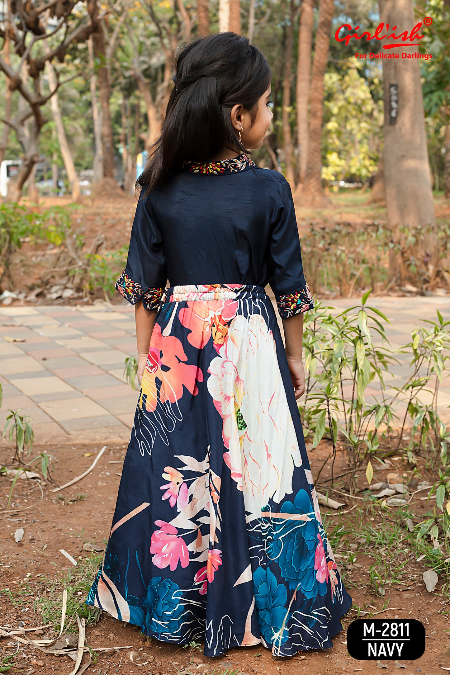 Navy Blue Kids Lehenga Choli – Shirt Style Silk Choli with Thread Work & Printed Lehenga | Net Dupatta | Ages 3m–18y