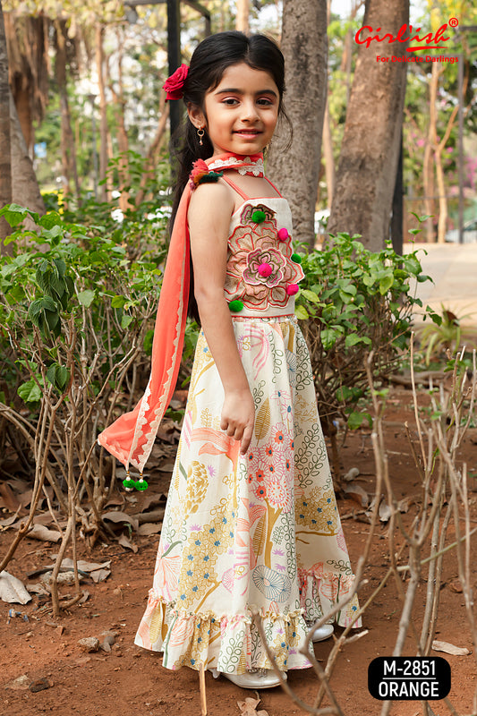 Off-White Cotton Choli with Orange Multicolour Printed Lehenga & Dupatta – Kids Ethnic Wear | Label Anju Kumar