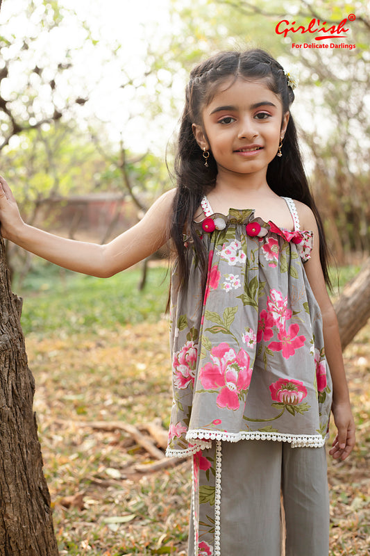 Grey Floral Print Spaghetti Top with Plazo Set – Indo-Western Kids Ethnic Wear | Label Anju Kumar