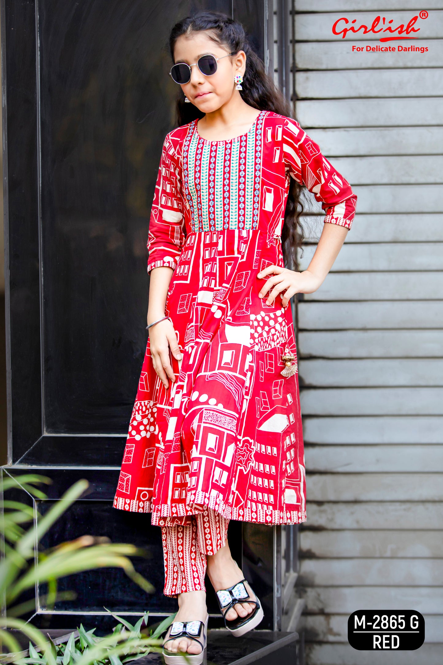 Trendy Red Printed Cotton Anarkali Set – Stylish & Comfortable Outfit for Girls