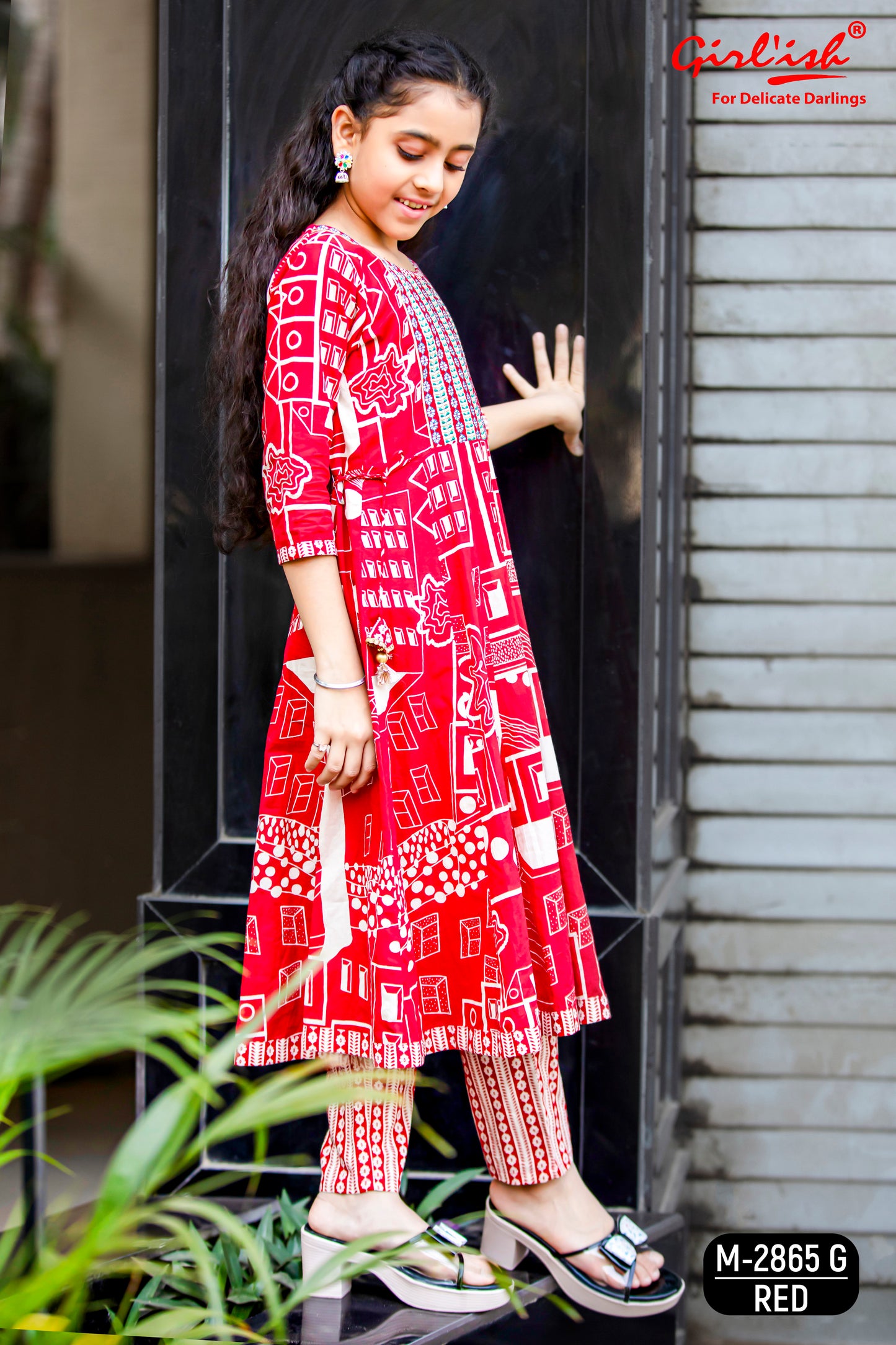 Trendy Red Printed Cotton Anarkali Set – Stylish & Comfortable Outfit for Girls