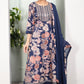 Navy Blue Floral Cotton Anarkali Suit with Mirror Work & Dupatta