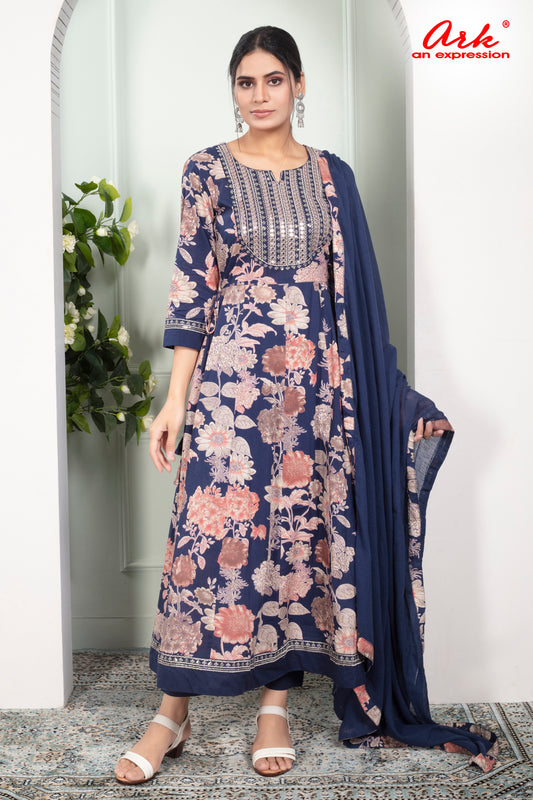 Navy Blue Floral Cotton Anarkali Suit with Mirror Work & Dupatta