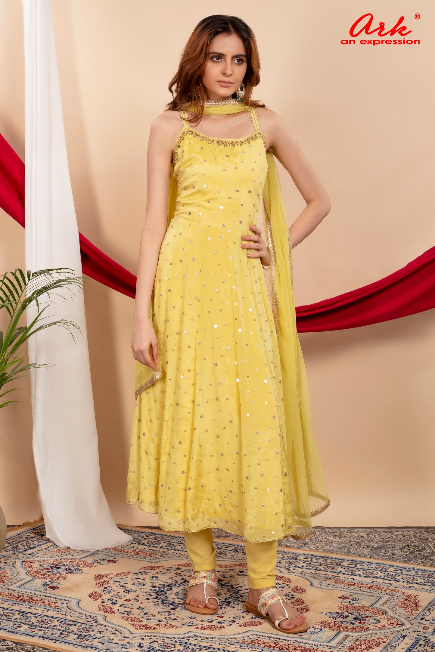 Liril Chinon Spaghetti-Style Semi-Formal Suit with Hand Embroidery & Net Dupatta | Label Anju Kumar