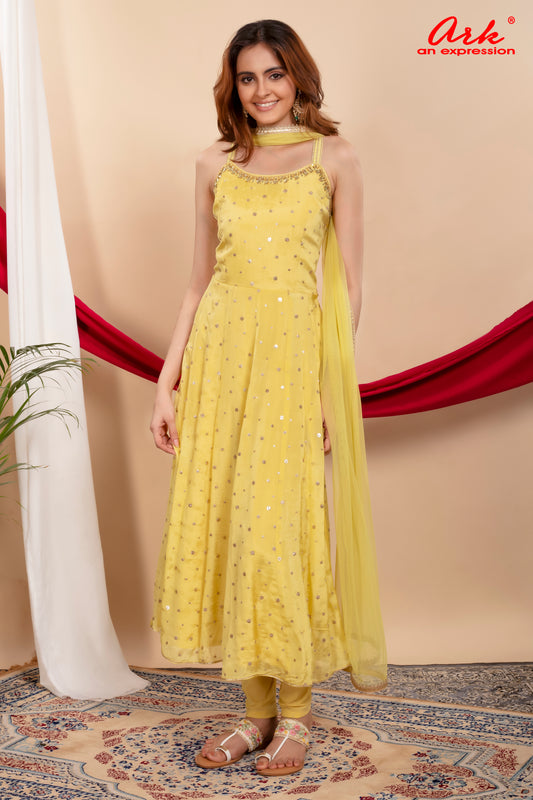 Liril Chinon Spaghetti-Style Semi-Formal Suit with Hand Embroidery & Net Dupatta | Label Anju Kumar