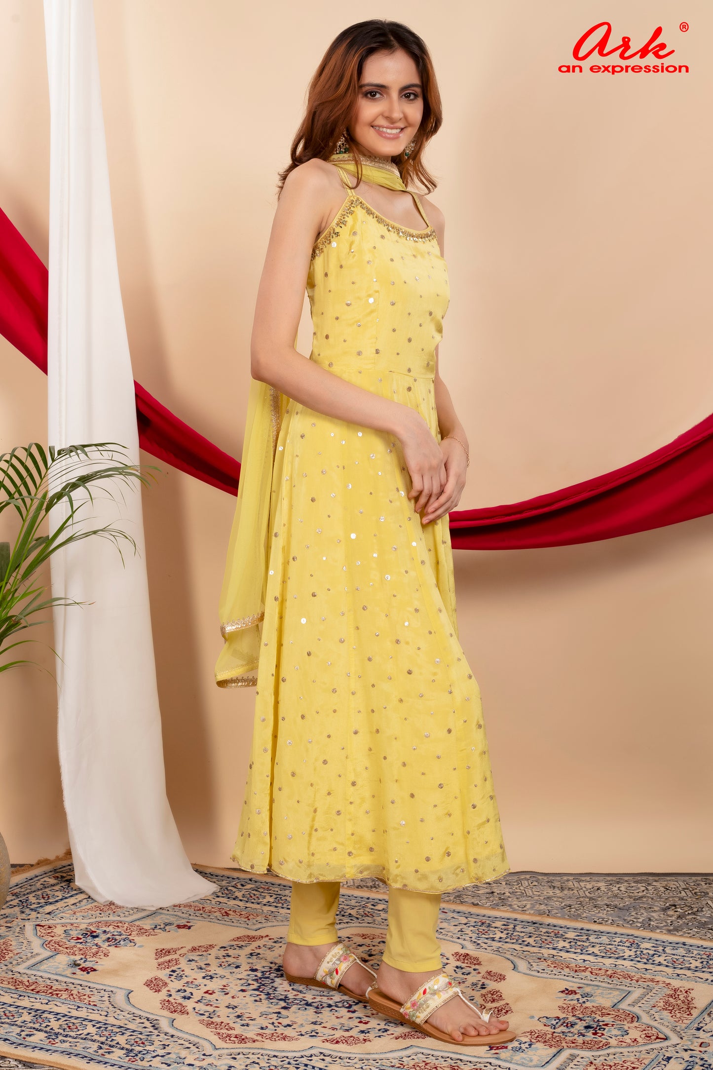 Liril Chinon Spaghetti-Style Semi-Formal Suit with Hand Embroidery & Net Dupatta | Label Anju Kumar