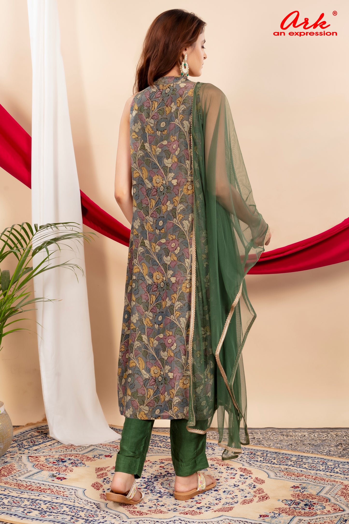 Green Tissue Printed Straight Suit Dupatta Set with Hand Embroidery | Label Anju Kumar