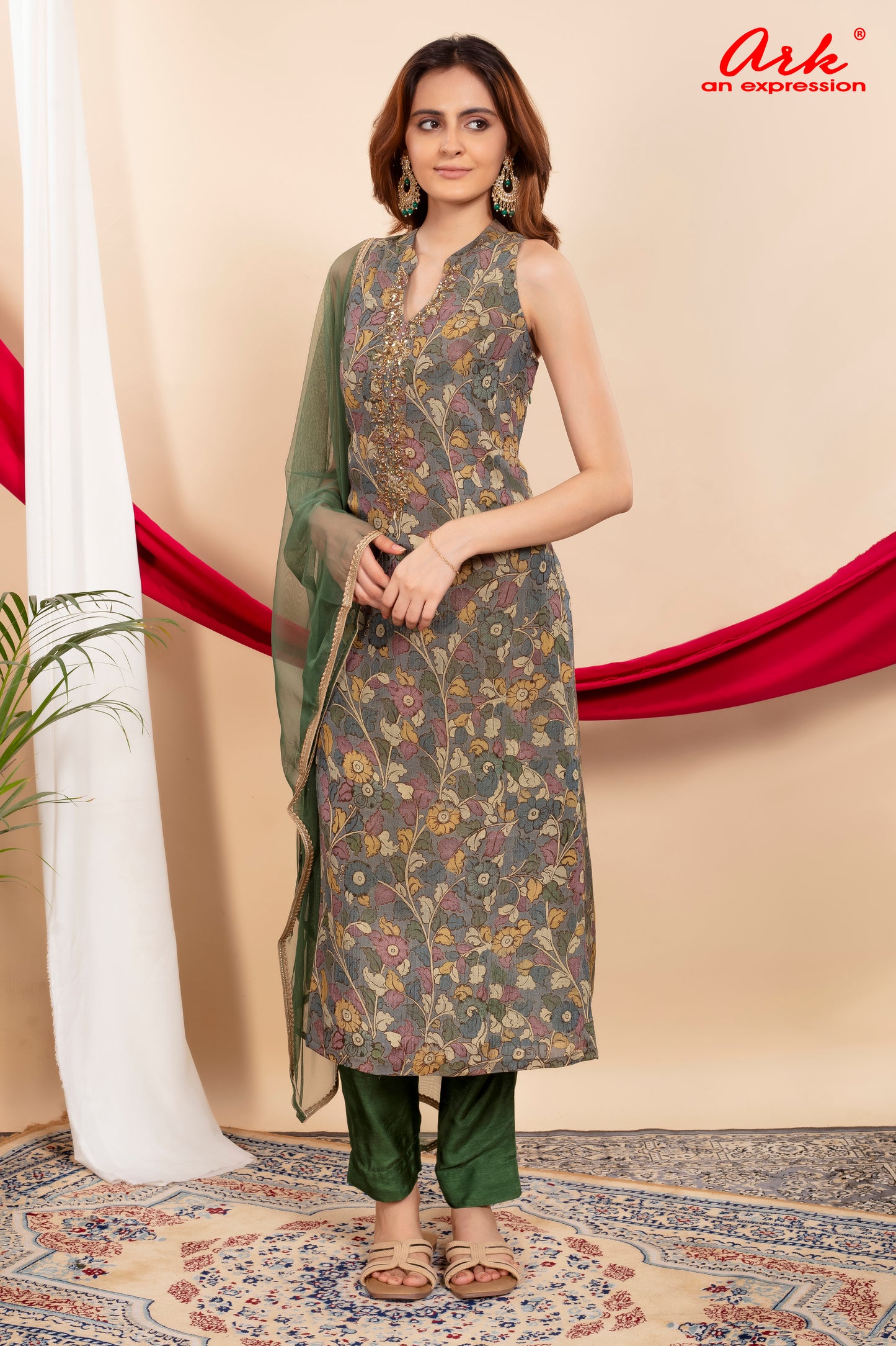Green Tissue Printed Straight Suit Dupatta Set with Hand Embroidery | Label Anju Kumar
