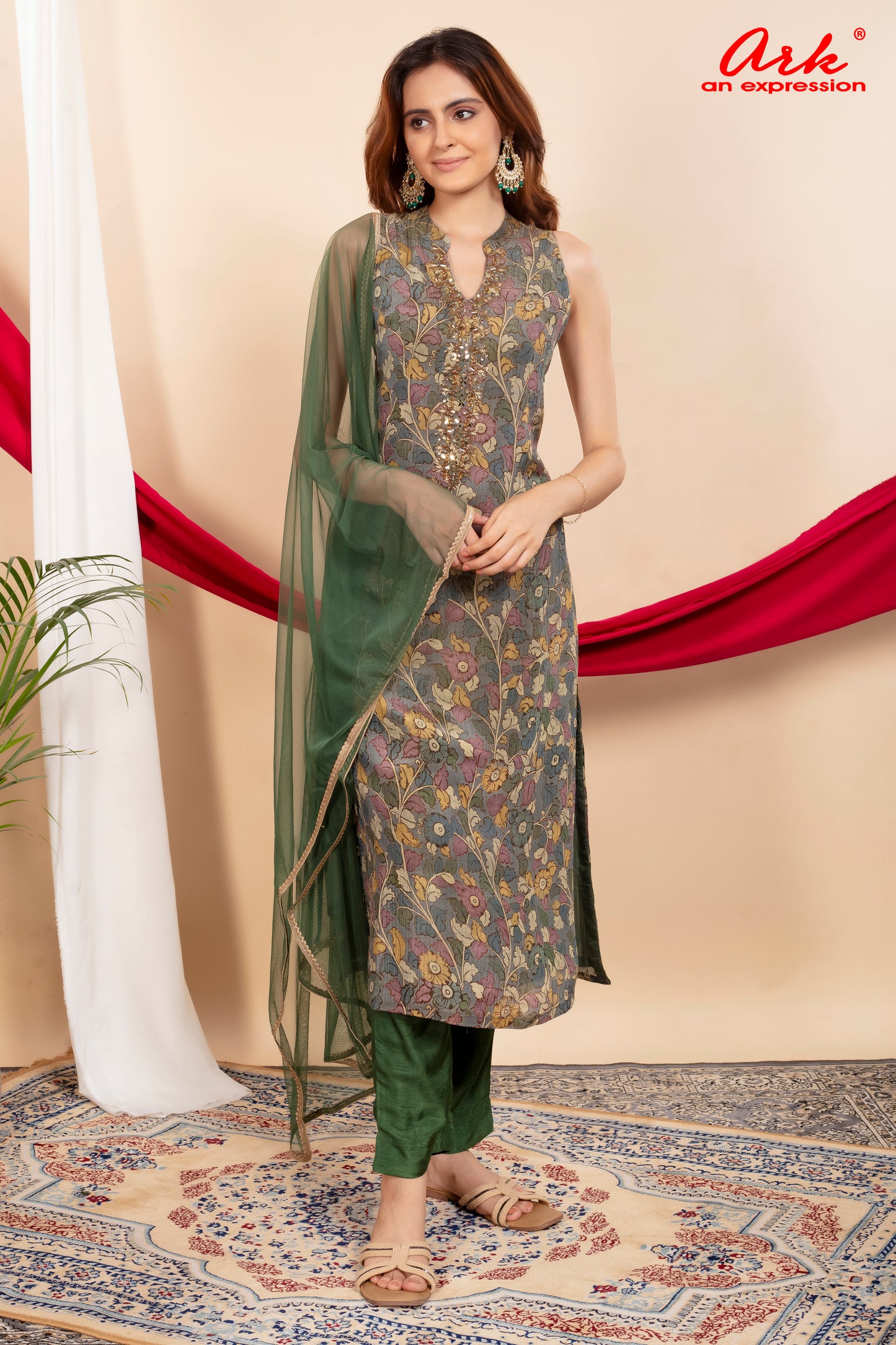 Green Tissue Printed Straight Suit Dupatta Set with Hand Embroidery | Label Anju Kumar