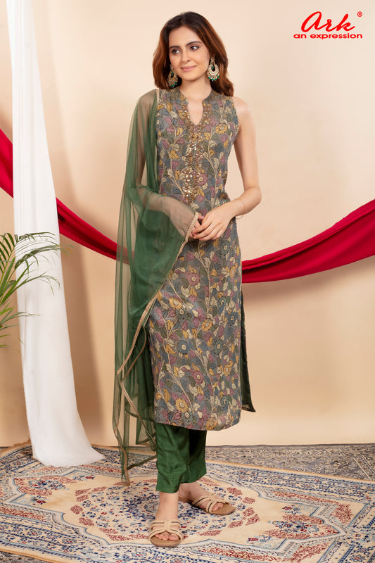 Green Tissue Printed Straight Suit Dupatta Set with Hand Embroidery | Label Anju Kumar