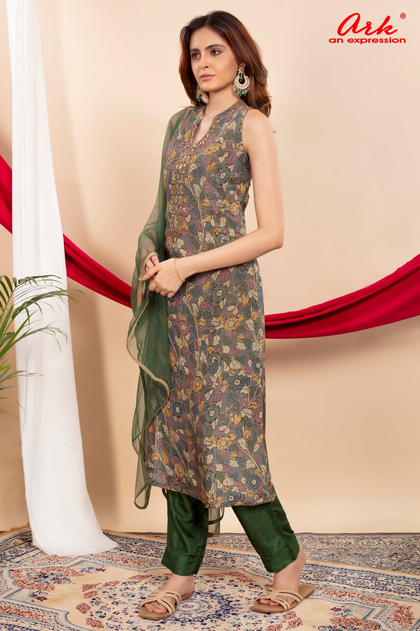 Green Tissue Printed Straight Suit Dupatta Set with Hand Embroidery | Label Anju Kumar