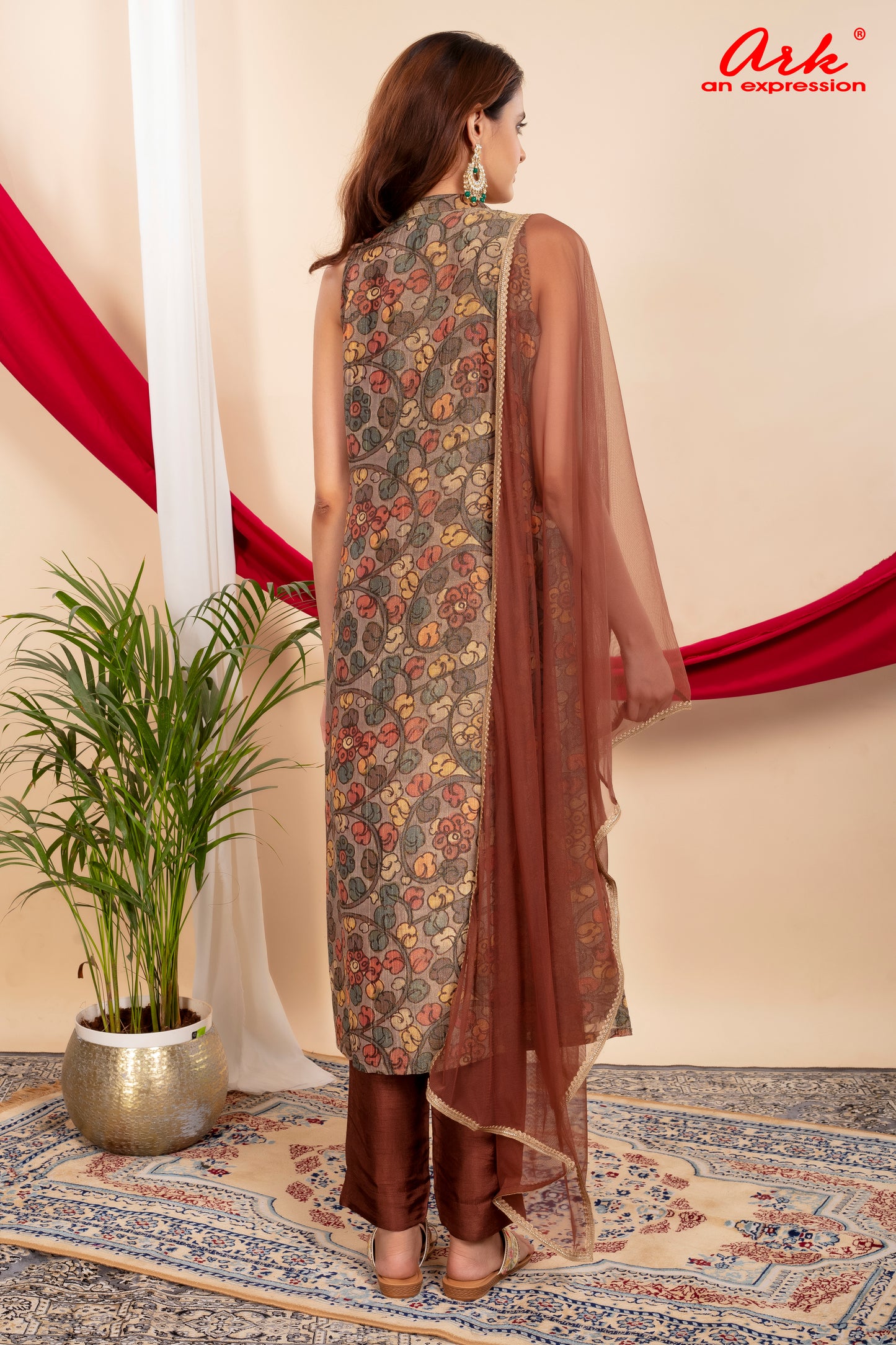 Brown Tissue Printed Straight Suit Dupatta Set with Hand Embroidery | Label Anju Kumar